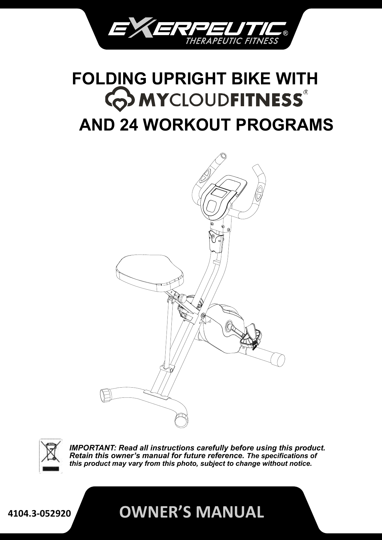 Exerpeutic Bike Instruction Manual