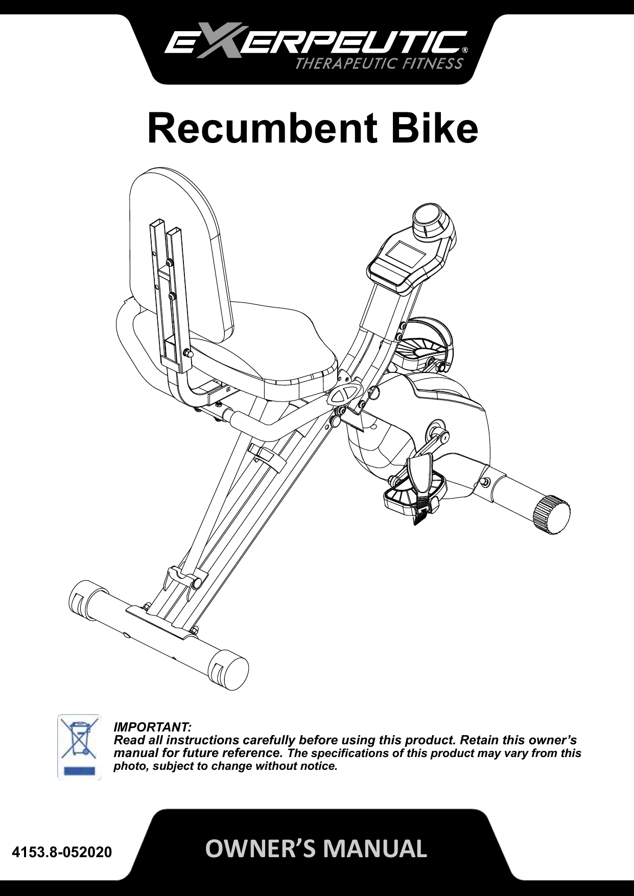 Exerpeutic 4153 Gold 525XLR Foldable Recumbent Bike Owner Manual