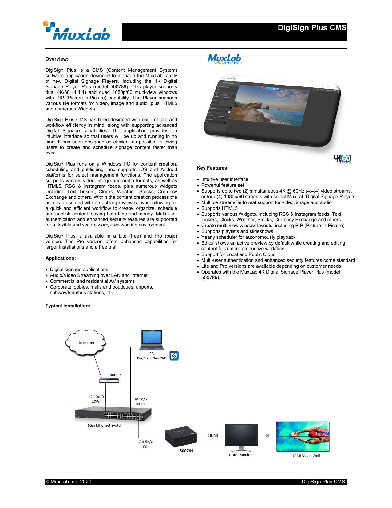 MUXLAB 500789 DIGITAL SIGNAGE MEDIA PLAYER Multi-format video/image/audio,  2x HDMI out, 4K/60