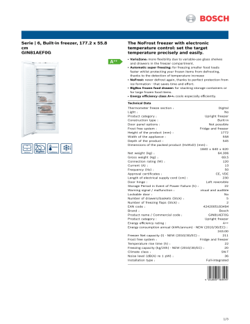 Bosch GIN81AEF0G 177.2 X 55.8 Cm Built-in Freezer Serie | 6 Product ...