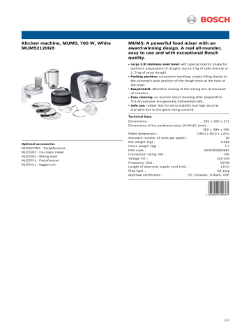 Bosch MUM52120GB White, anthracite 700 W MUM5 Kitchen machine Product spec sheet | Manualzz