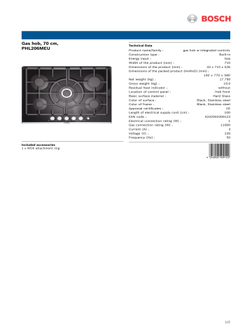Bosch PHL206MEU 70 cm Gas hob Product spec sheet | Manualzz