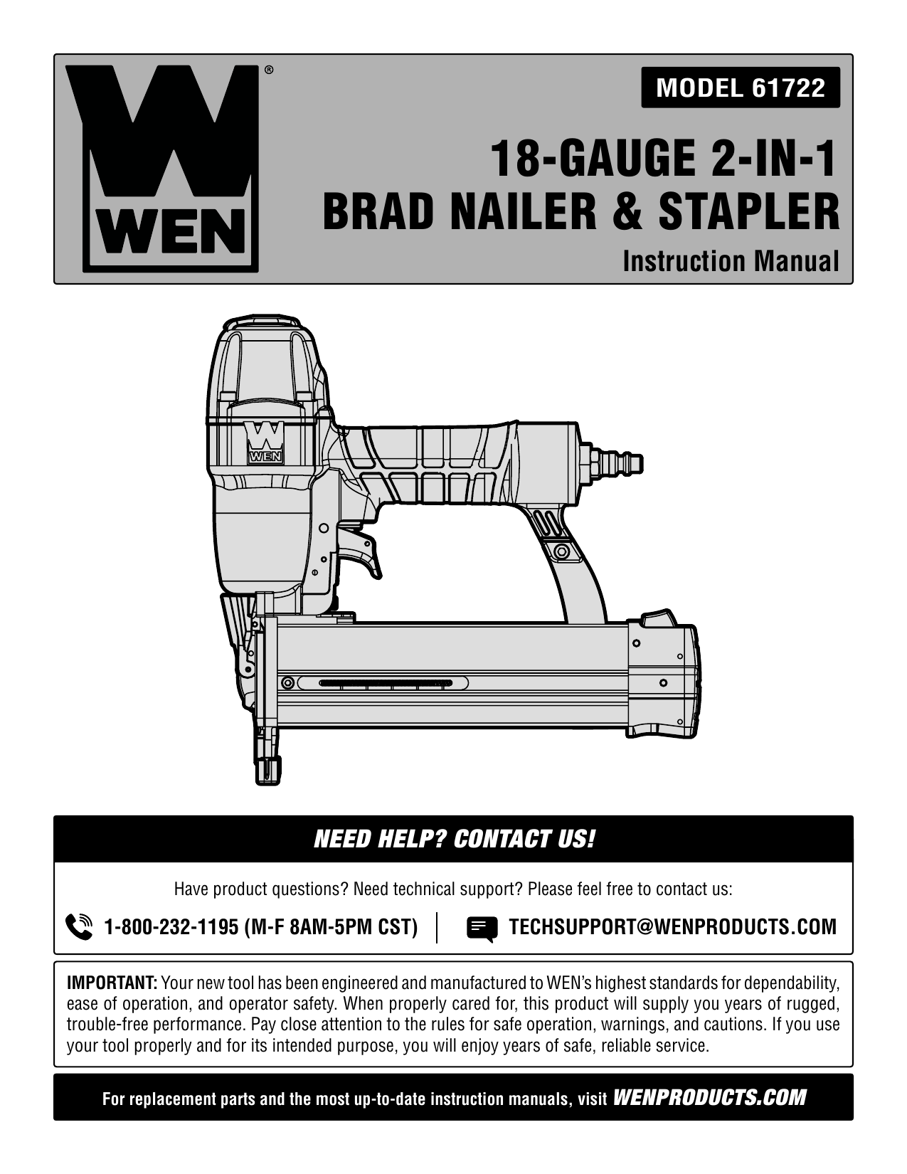 WEN 61722 18Gauge 2in1 Pneumatic 2Inch Brad Nailer and 1/4Inch