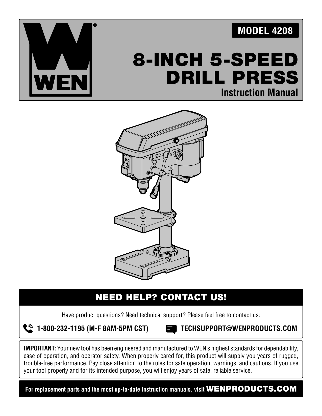 WEN 4208 8Inch 5Speed Drill Press Manual Manualzz
