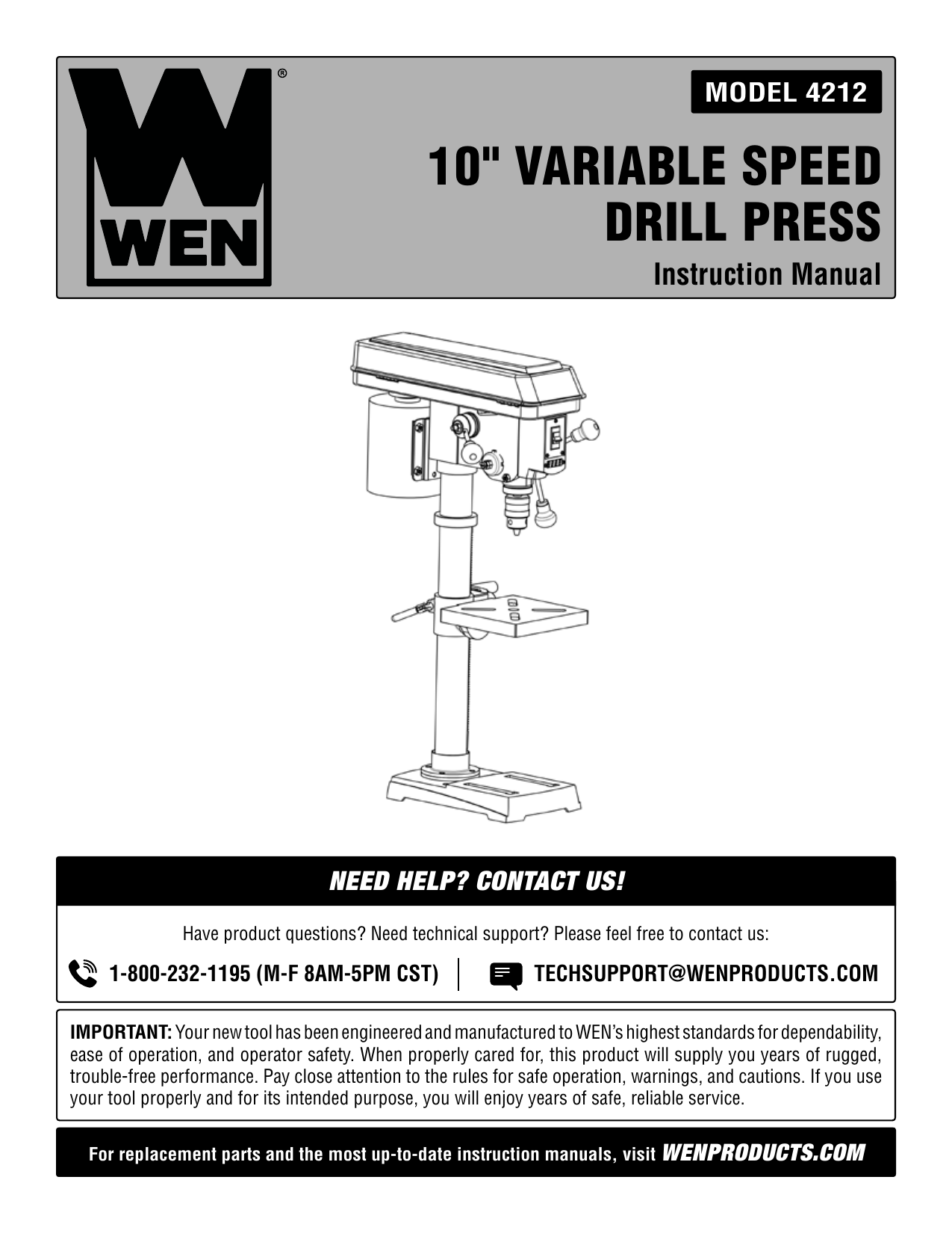 WEN 4212 10Inch Variable Speed Drill Press Manual Manualzz