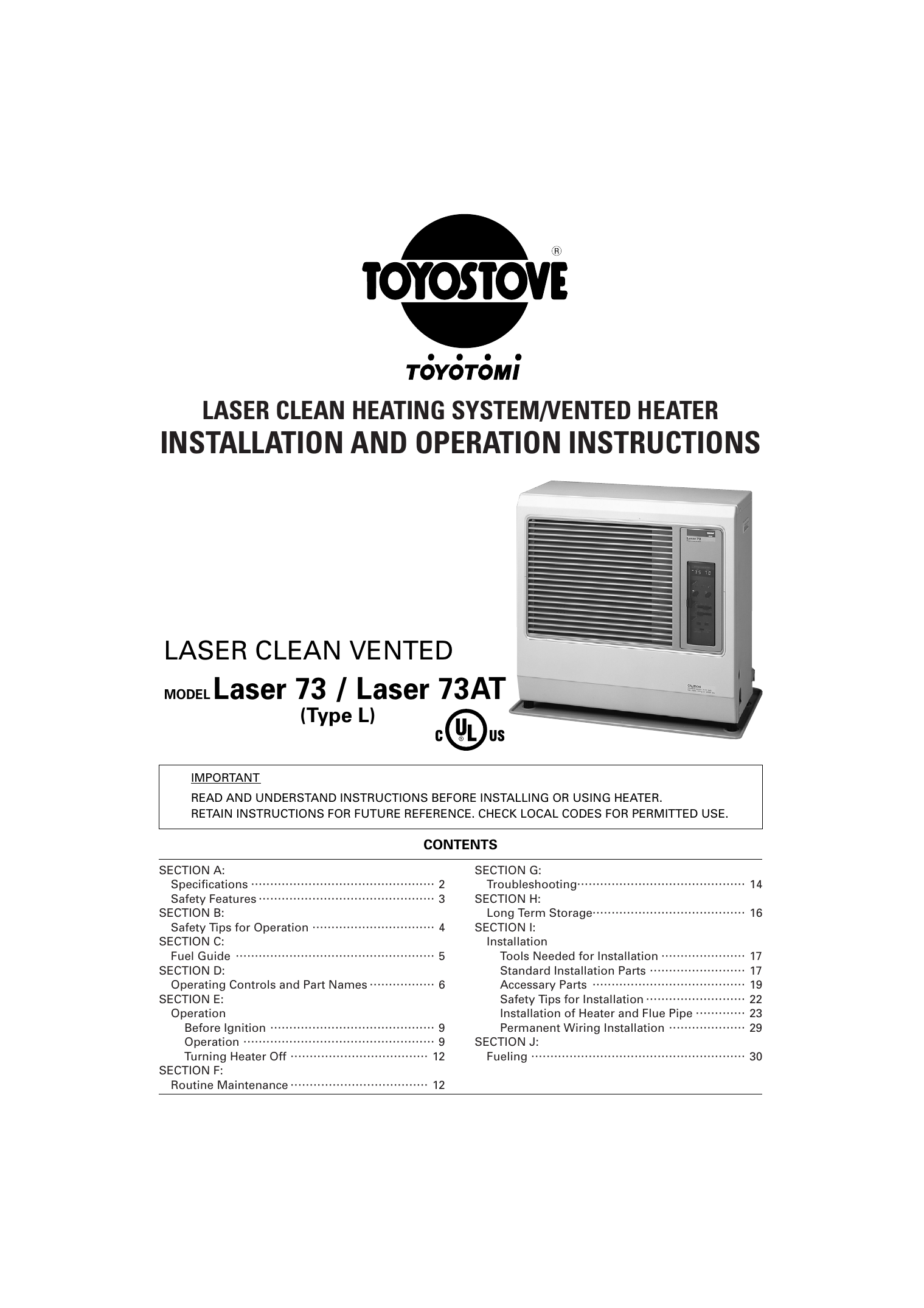 Toyostove Laser 73, Laser 73AT Type M Installation And Operation  Instructions Manual | Manualzz