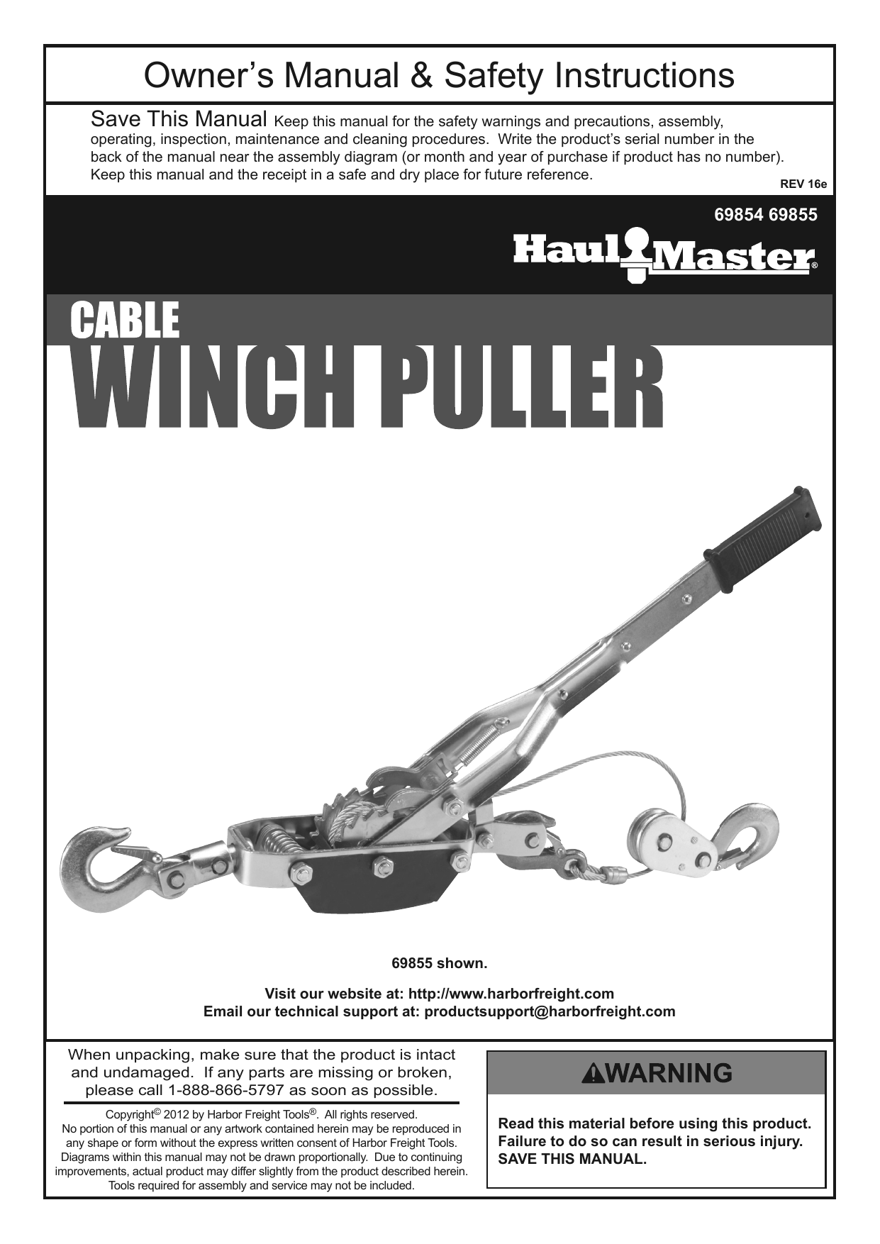 HaulMaster 69855 8000 lb. Cable Winch Puller Owner's Manual Manualzz