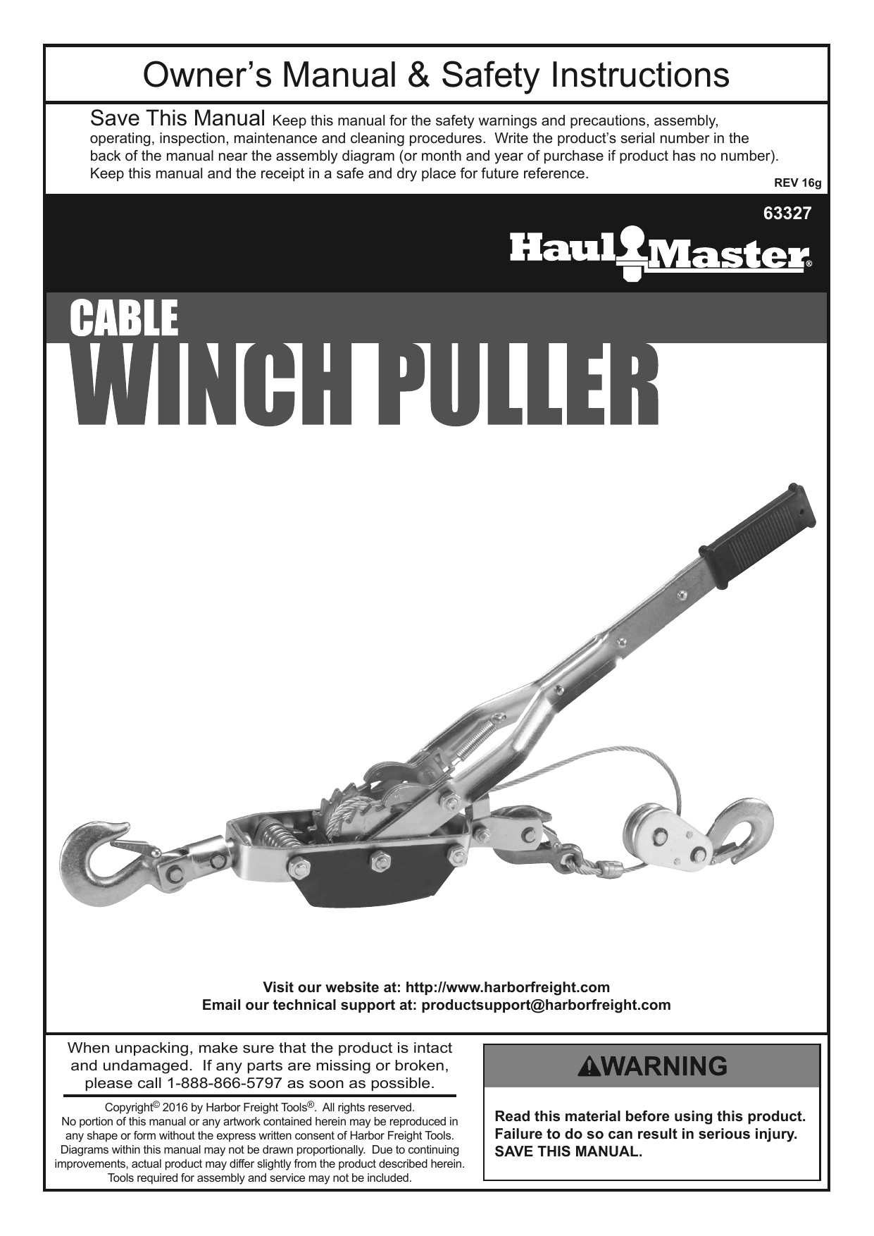 HaulMaster 63327 8000 lb. Cable Winch Puller Owner's Manual Manualzz