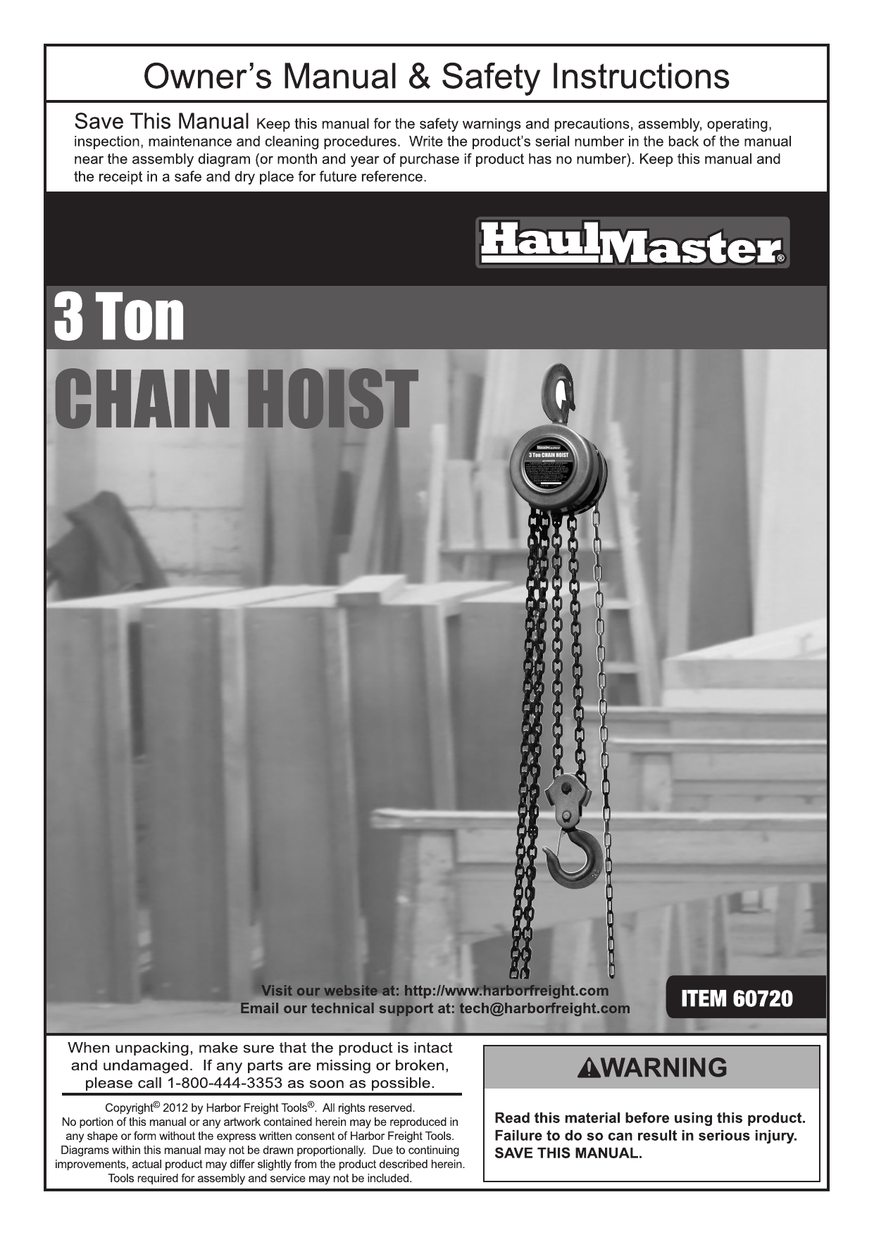Haul-Master 60720 3 Ton Manual Chain Hoist Owner's Manual | Manualzz