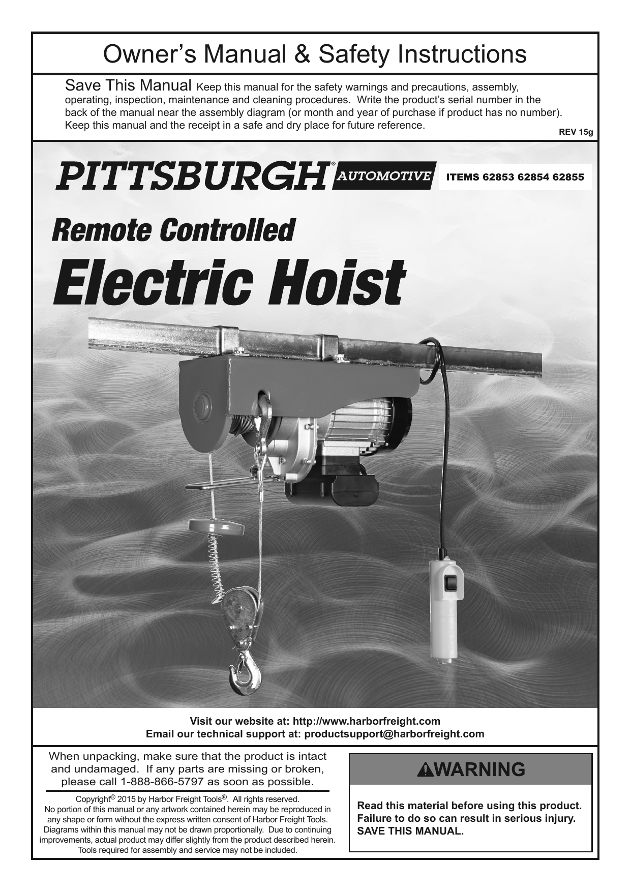 Pittsburgh Automotive 62854 880 lb. Electric Hoist Owner's Manual | Manualzz  Pittsburgh Electric Hoist 60346 Wiring Diagram    Manualzz