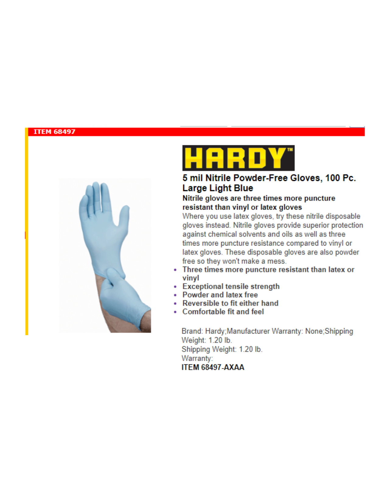 Hardy 68497 5 mil Nitrile Powder-Free Gloves, 100 Pc. Large Light 