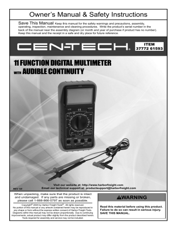 Cen-tech 61593 11 Function Digital Multimeter Owners Manual Manualzz