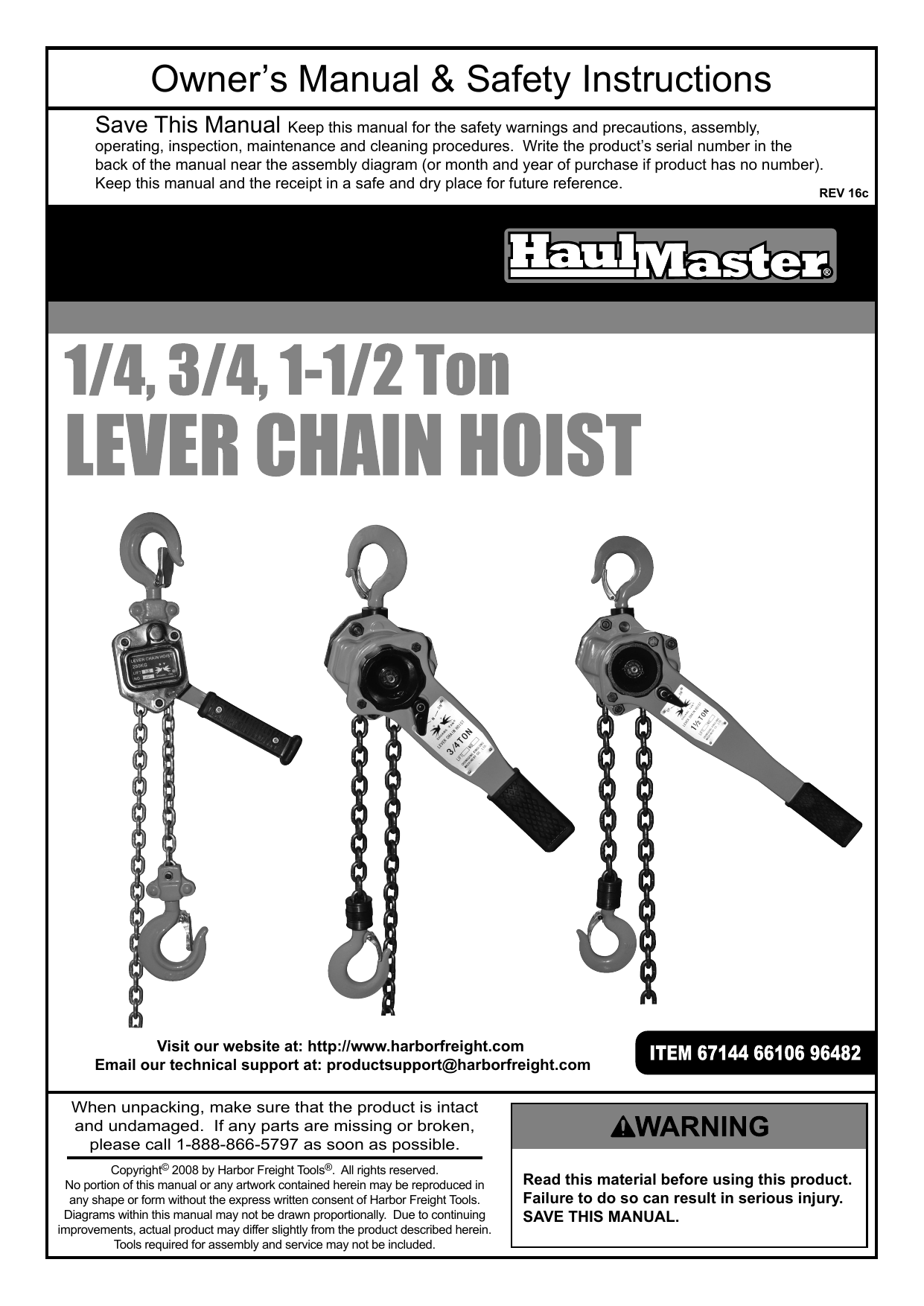 HaulMaster 67144 1/4 ton Lever Manual Chain Hoist Owner's Manual