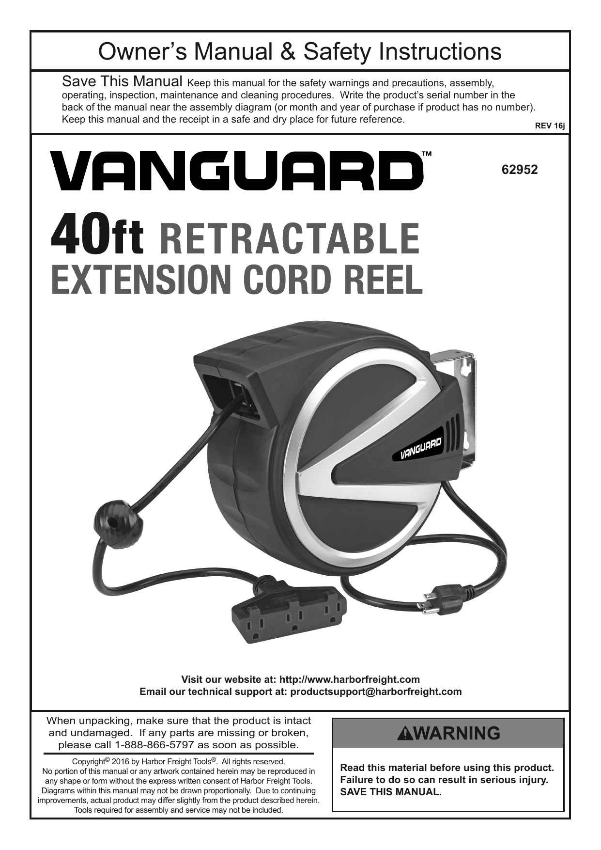 CENTRAL PNEUMATIC 64682 3-8 Inch Retractable Hose Reel Owner's Manual