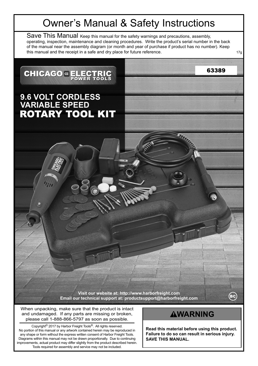 Chicago Electric 63389 9.6 Volt Cordless Variable Speed Rotary Tool Kit