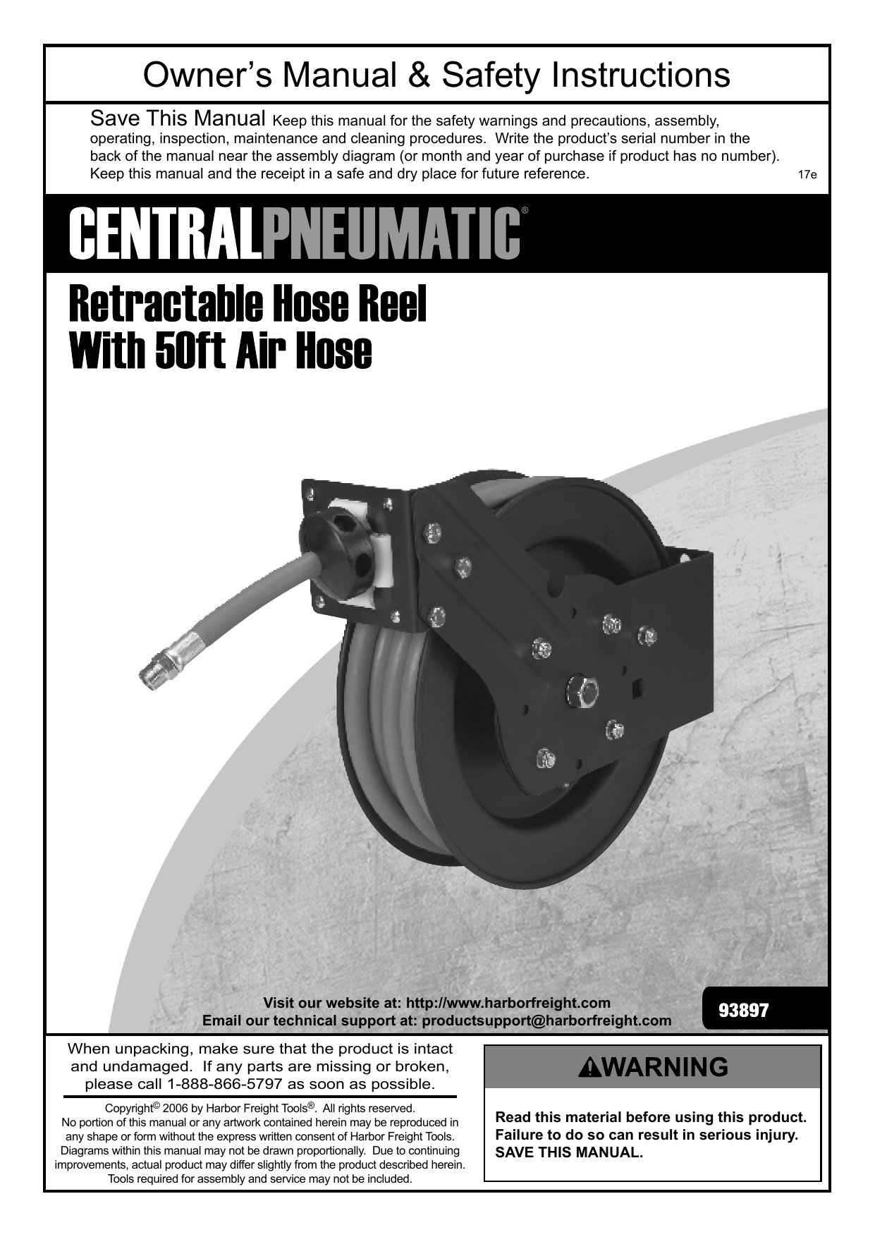 Central Pneumatic 93897 3/8 in. x 50 ft. Retractable Hose Reel Owner's  Manual