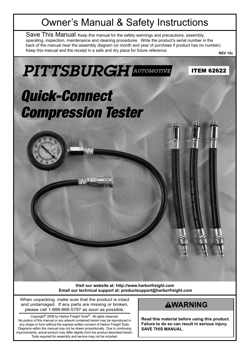 Pittsburgh Automotive 62622 QuickConnect Compression Tester Owner's