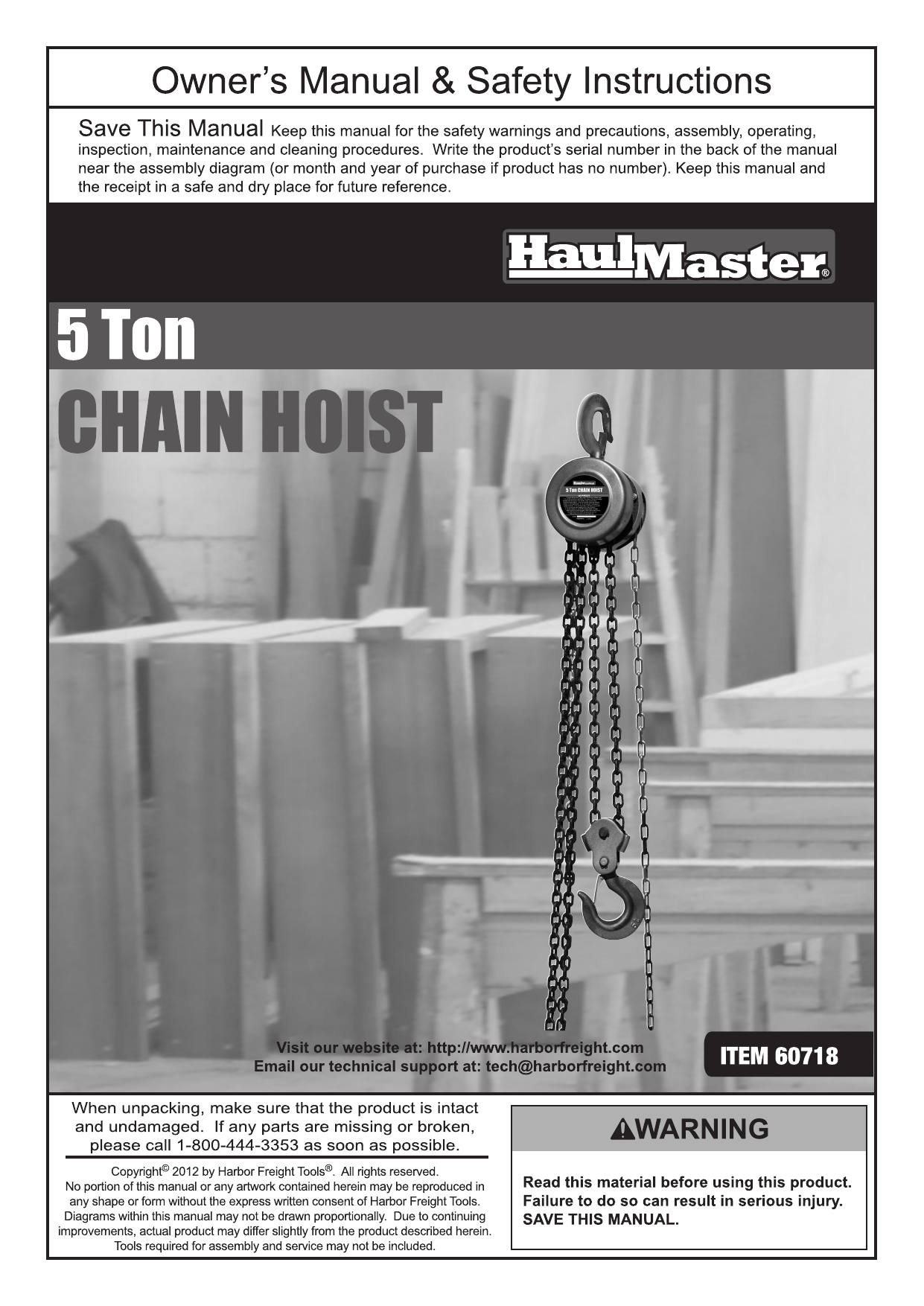 HaulMaster 60718 5 ton Manual Chain Hoist Owner's Manual Manualzz