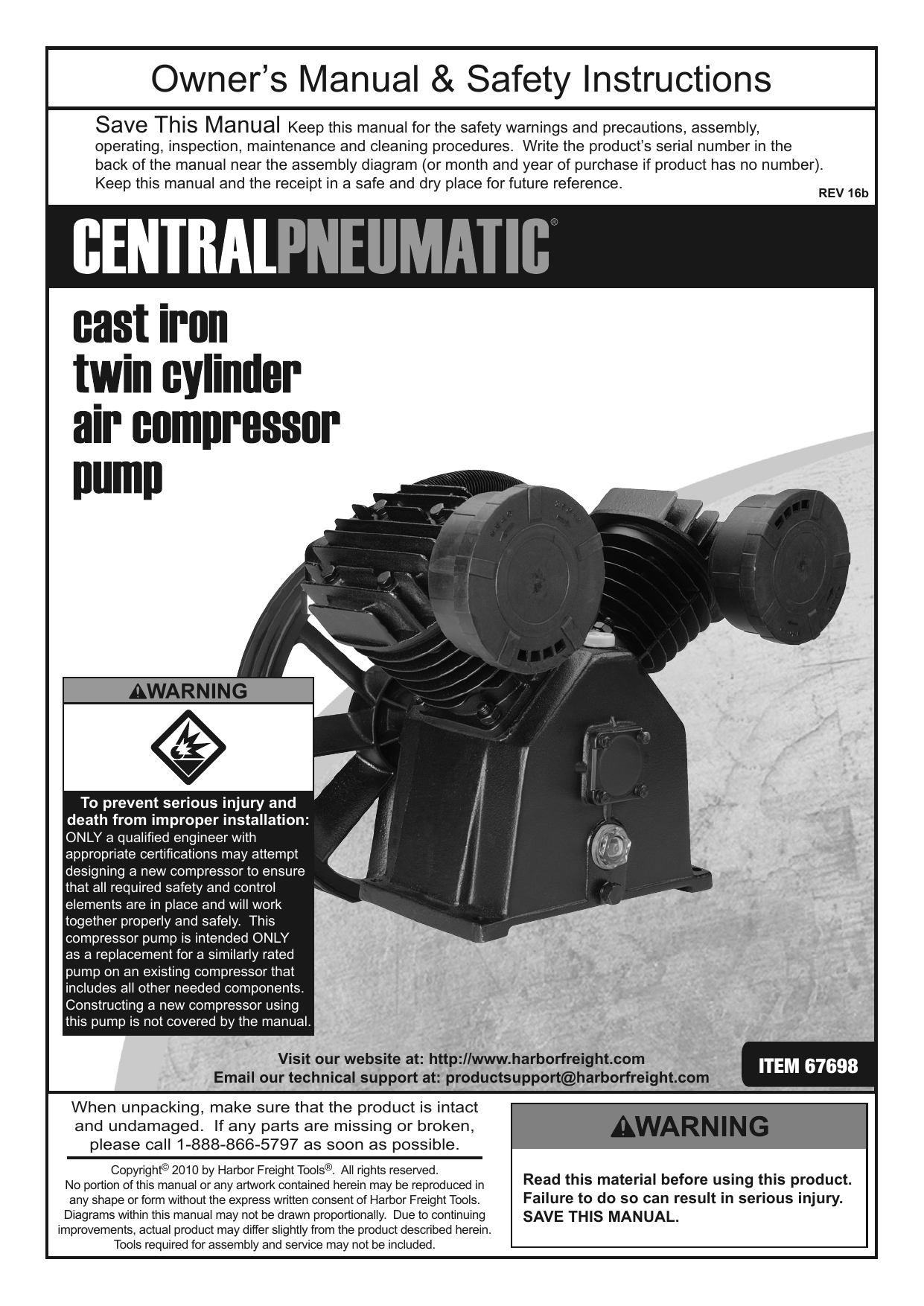 Central Pneumatic 67698 5 HP 145 PSI Twin Cylinder Air Compressor Pump