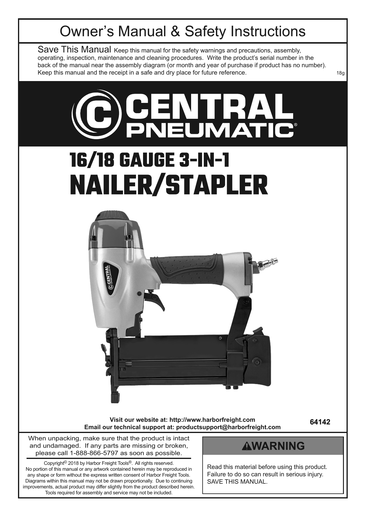 Central Pneumatic 64142 16/18 Gauge 3in1 Air Nailer/Stapler Owner's
