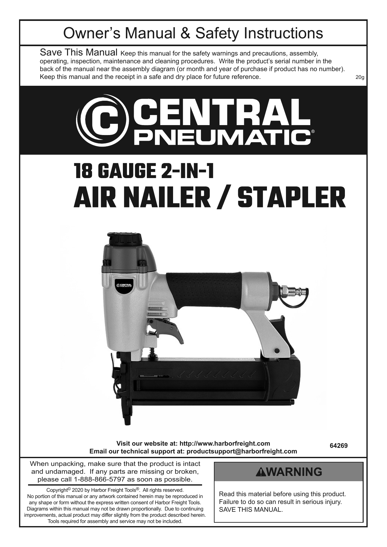 Central Pneumatic 64269 18 Gauge 2in1 Air Nailer/Stapler Owner's
