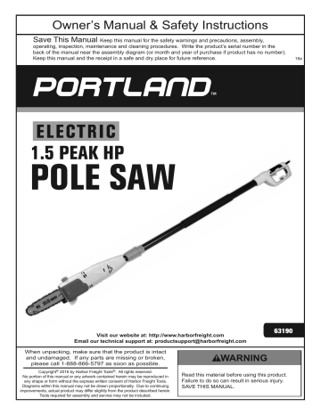 Portland 63190 9.5 In. 7 Amp Corded Electric Pole Saw Owner's Manual