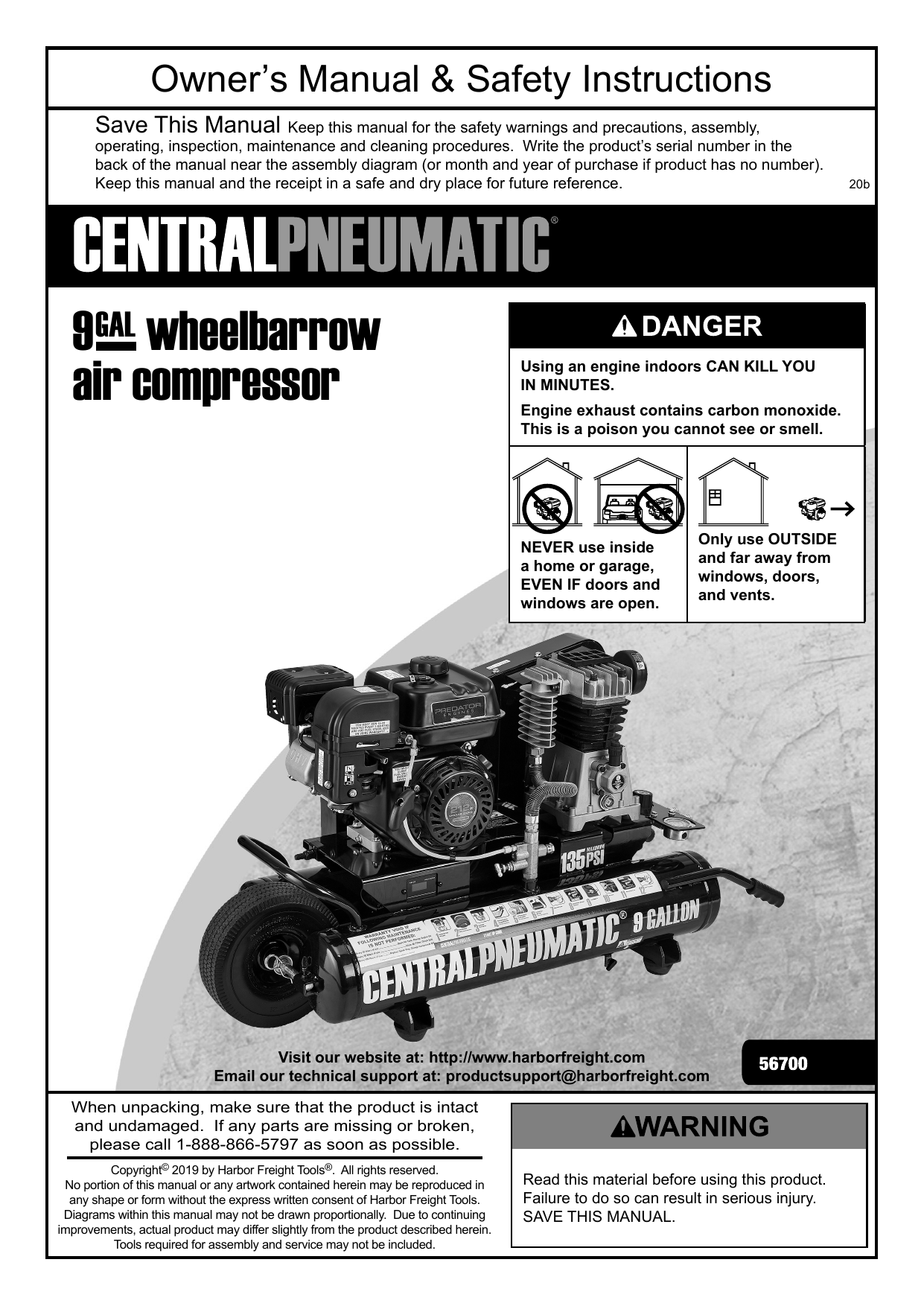 Central Pneumatic 56700 9 gallon 212cc 135 PSI Wheelbarrow Air