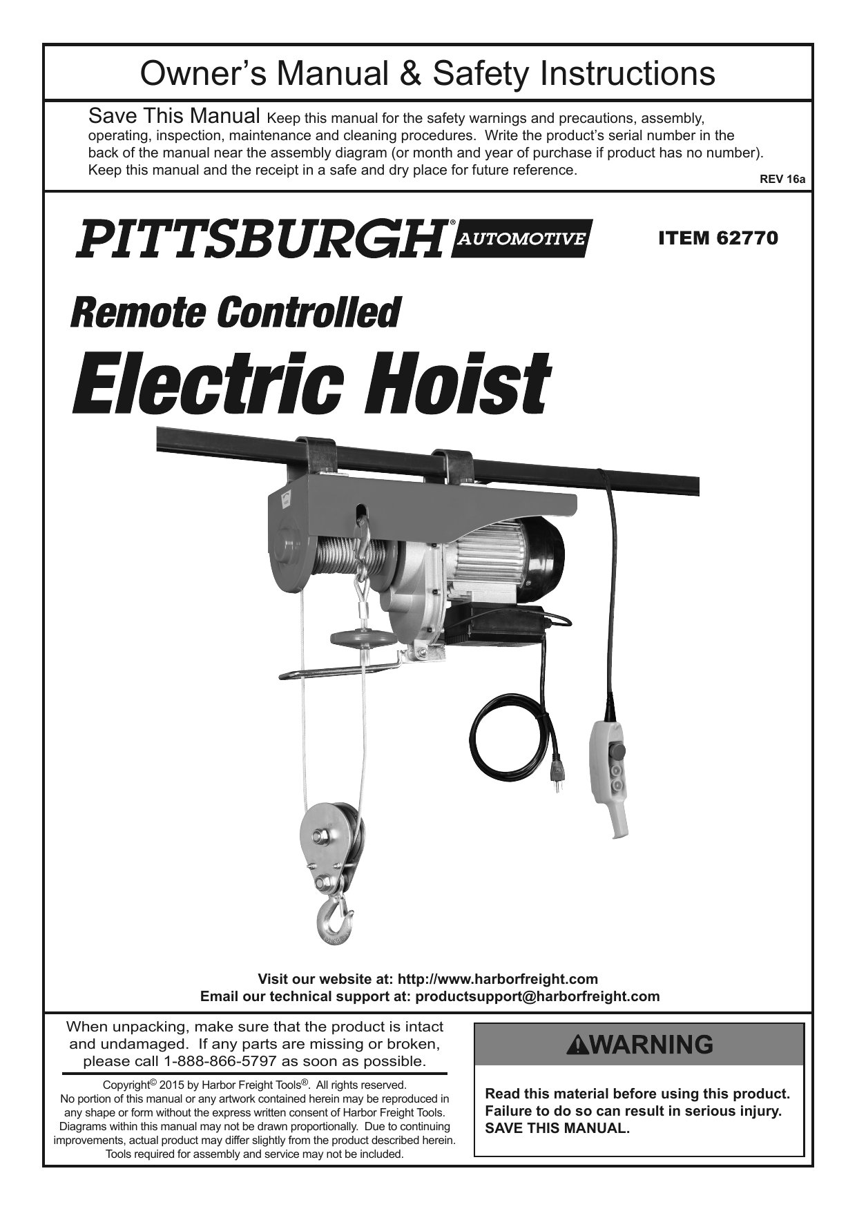 Pittsburgh Automotive 62770 2000 lb. Electric Hoist Owner's Manual |  Manualzz  Pittsburgh Electric Hoist 60346 Wiring Diagram    Manualzz