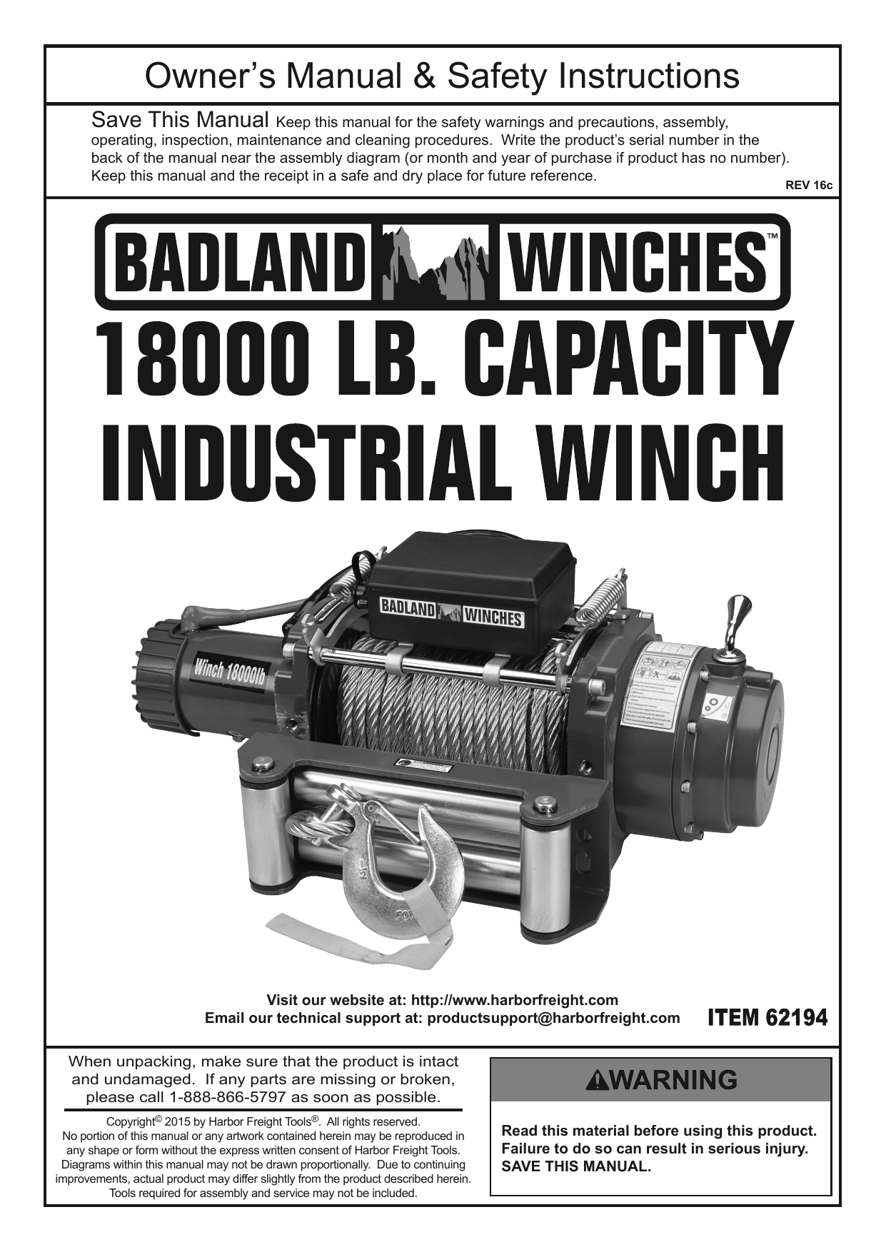 Badland 62194 18000 lb. Industrial/Tow Truck Electric Winch Owner's