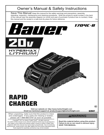 Bauer 63947 20V Hypermax™ Lithium-Ion Rapid Charger Owner's Manual | Manualzz
