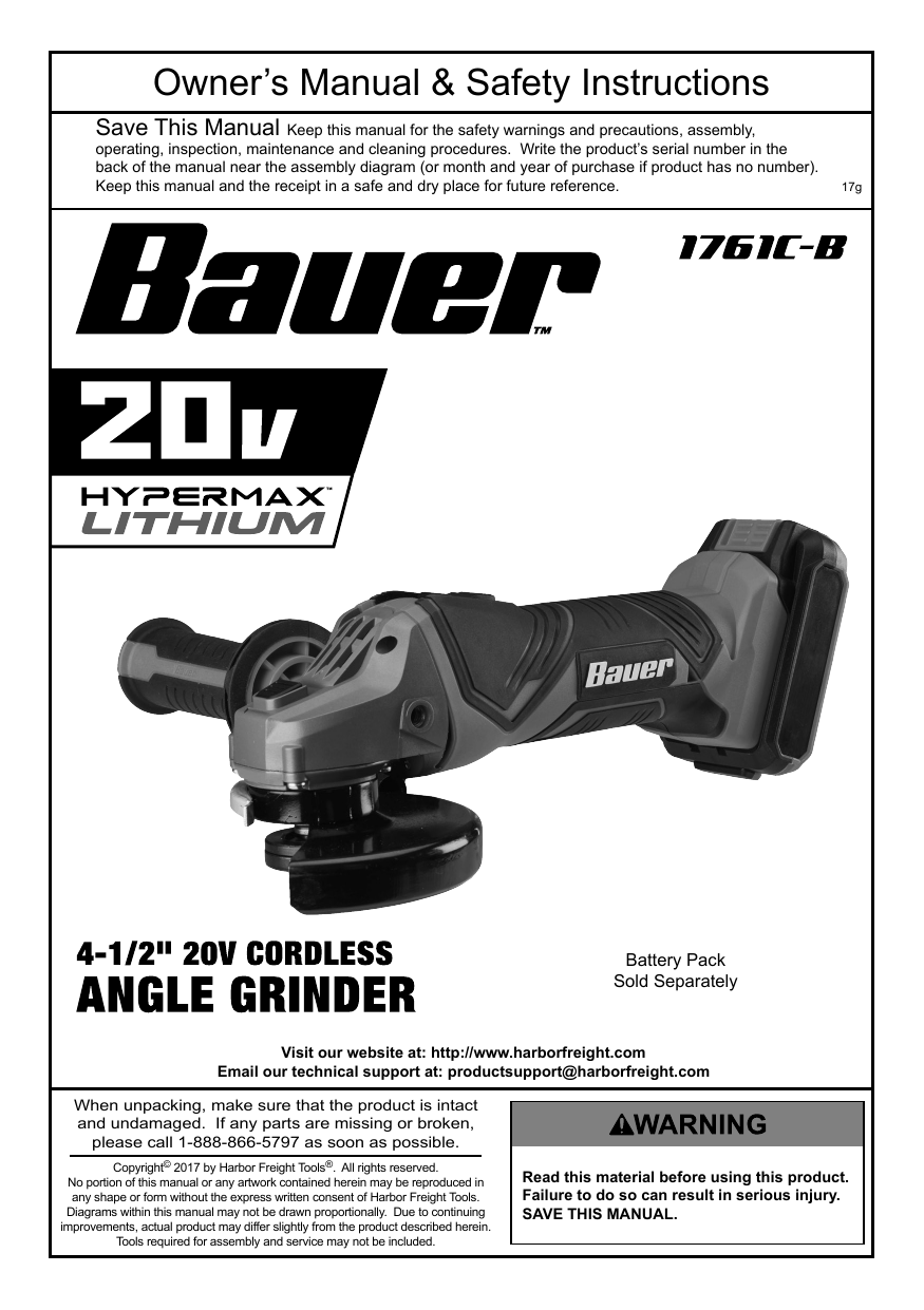Bauer 63632 20v Hypermax™ LithiumIon Cordless 41/2 in. Heavy Duty