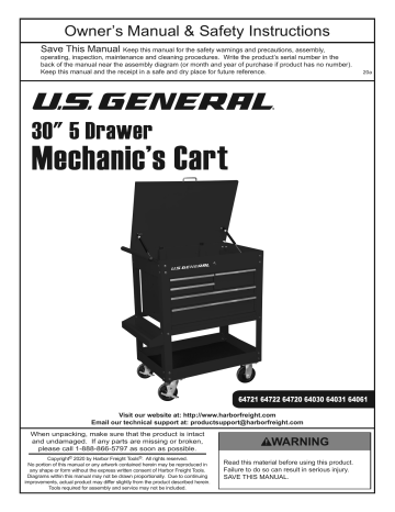 U.S. General 64030 30 in. 5 Drawer Black Mechanic's Cart Owner's Manual | Manualzz