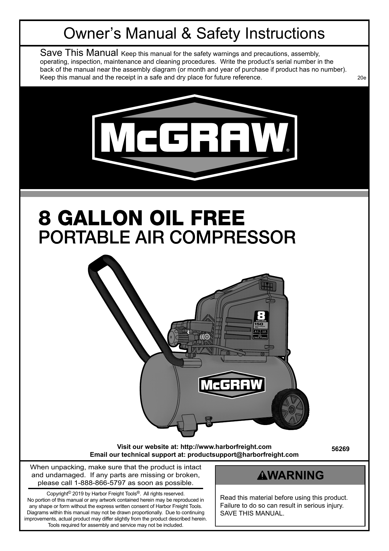 McGraw 56269 8 gallon 1.5 HP 150 PSI Oil-Free Portable Air