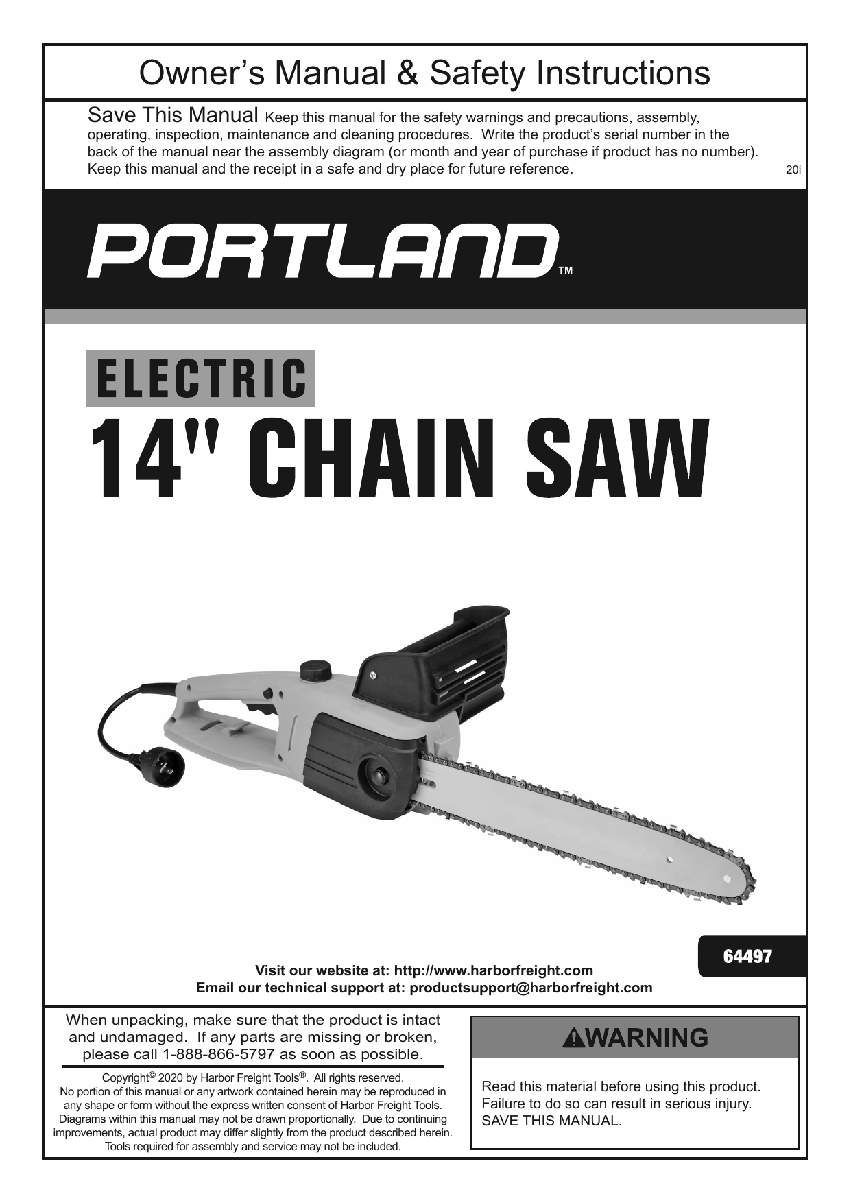 Portland 64497 9 Amp 14 in. Corded Electric Chainsaw Owner's Manual Manualzz