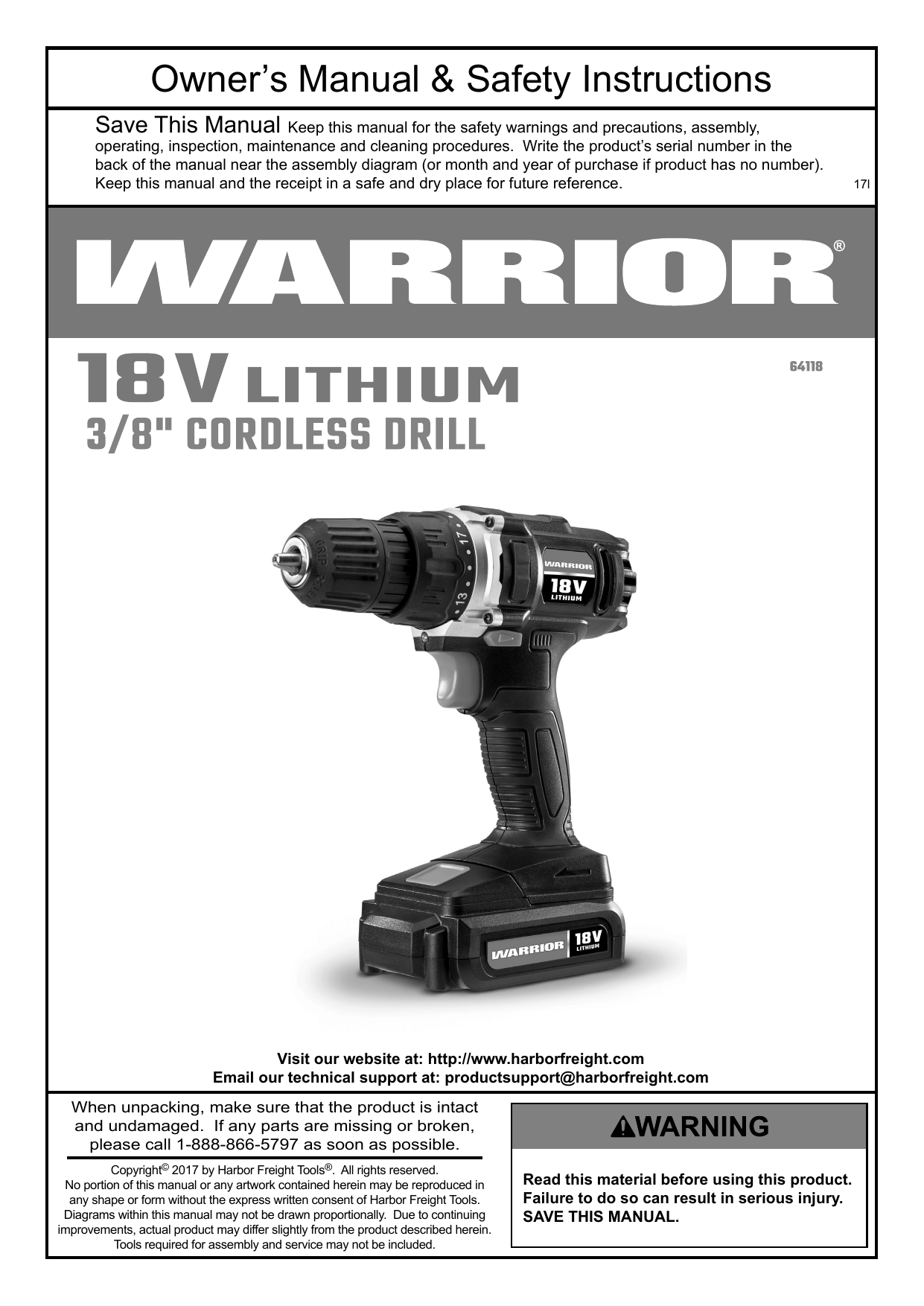 Warrior 64118 18v Lithium 3/8 in. Cordless Drill Kit Owner's Manual