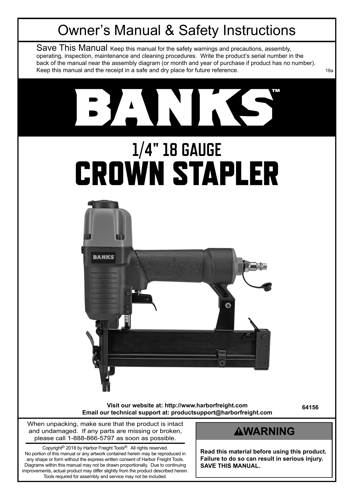 Banks 64156 18 Gauge 1/4 in. Crown Air Stapler Owner's Manual Manualzz