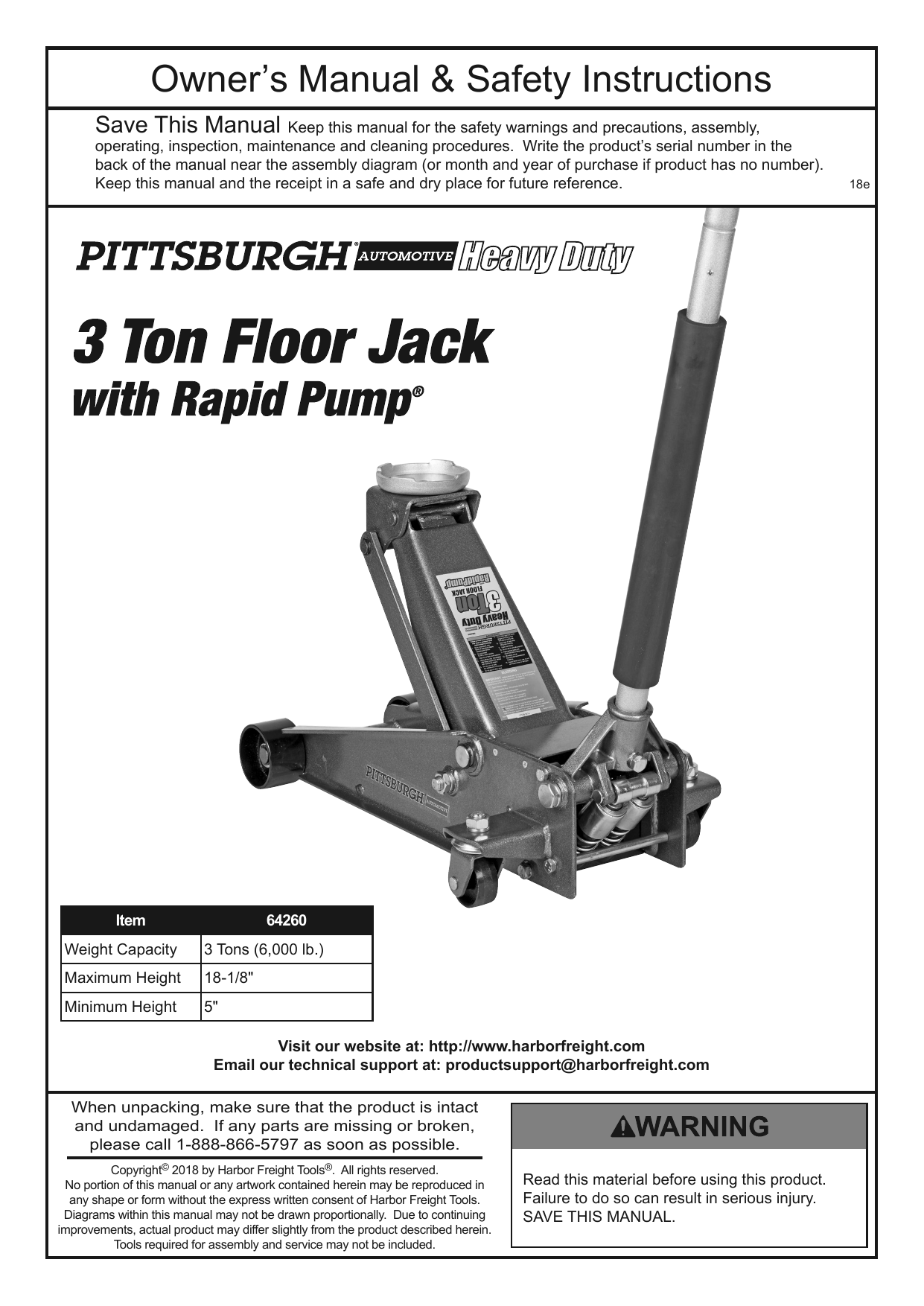 pittsburgh 3 ton floor jack rapid pump manual