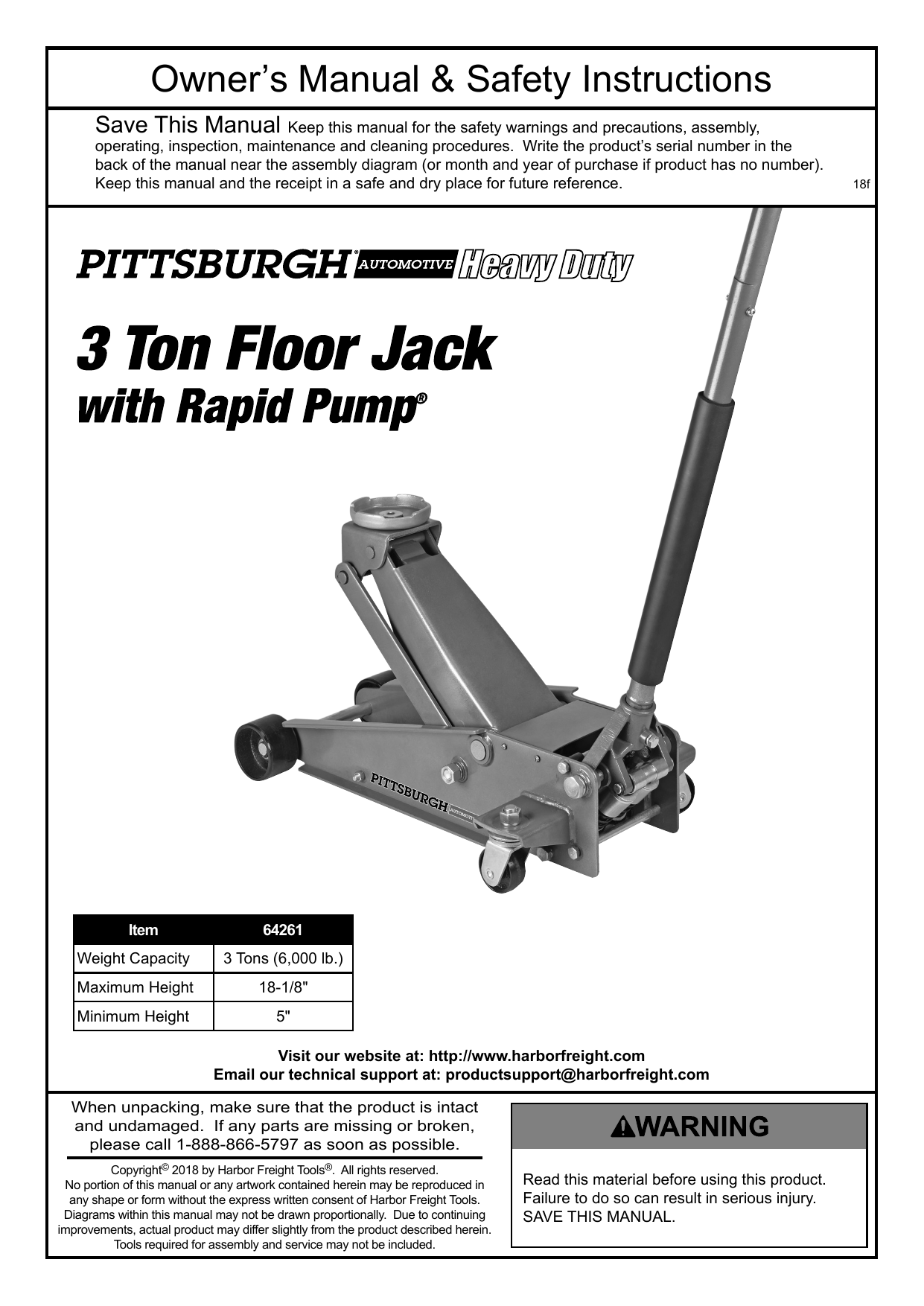 Pittsburgh Automotive 64261 3 Ton Heavy Duty Rapid Pump® Floor Jack Owner's  Manual | Manualzz