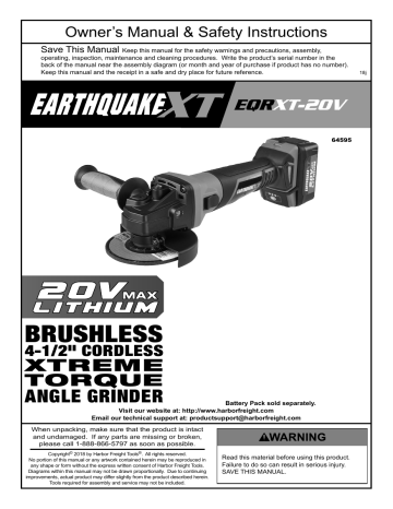 Earthquake XT 64595 20v Lithium Ion Cordless 4 1 2 in. Brushless Angle Grinder Tool Only