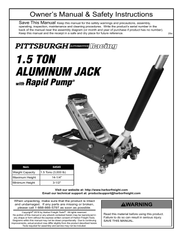 Pittsburgh Automotive 64545 1.5 Ton Aluminum Rapid Pump® Racing Floor Jack Owner's Manual | Manualzz