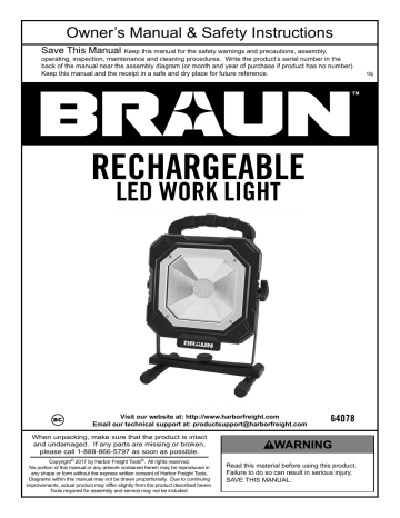 Braun 64078 1500 Lumen LED Rechargeable Work Light Owner s Manual