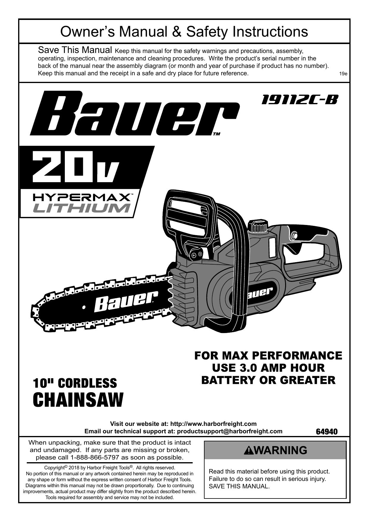 Bauer 64940 20v Hypermax™ LithiumIon Cordless Chainsaw Tool Only