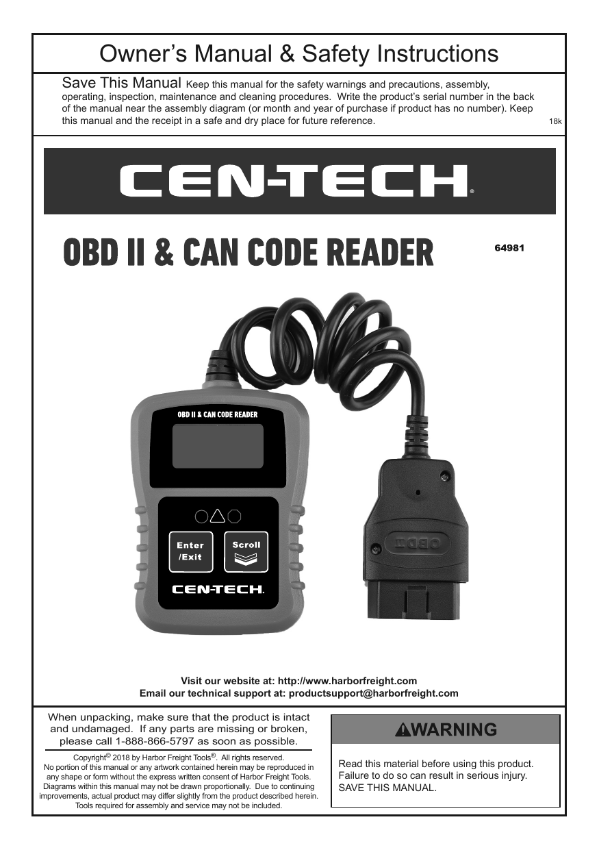 Centech Obd Ii Code Reader 64981 Warehouse Sale