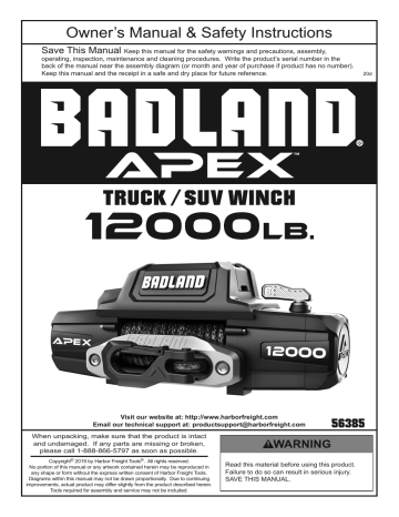 Badland 56385 APEX Synthetic 12,000 lb. Wireless Winch Owner's Manual
