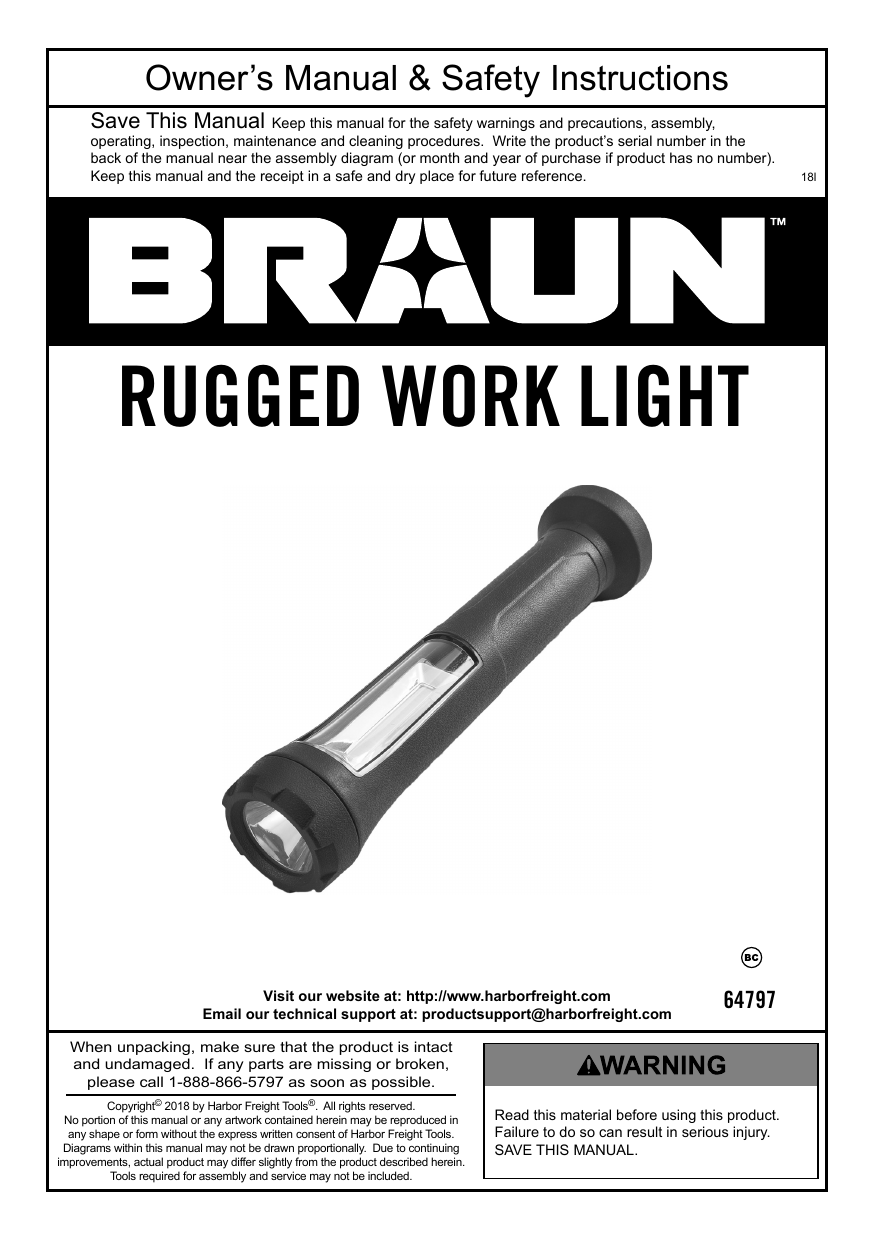 Braun 64797 350 Lumen Rechargeable Rugged Work Light Owner s