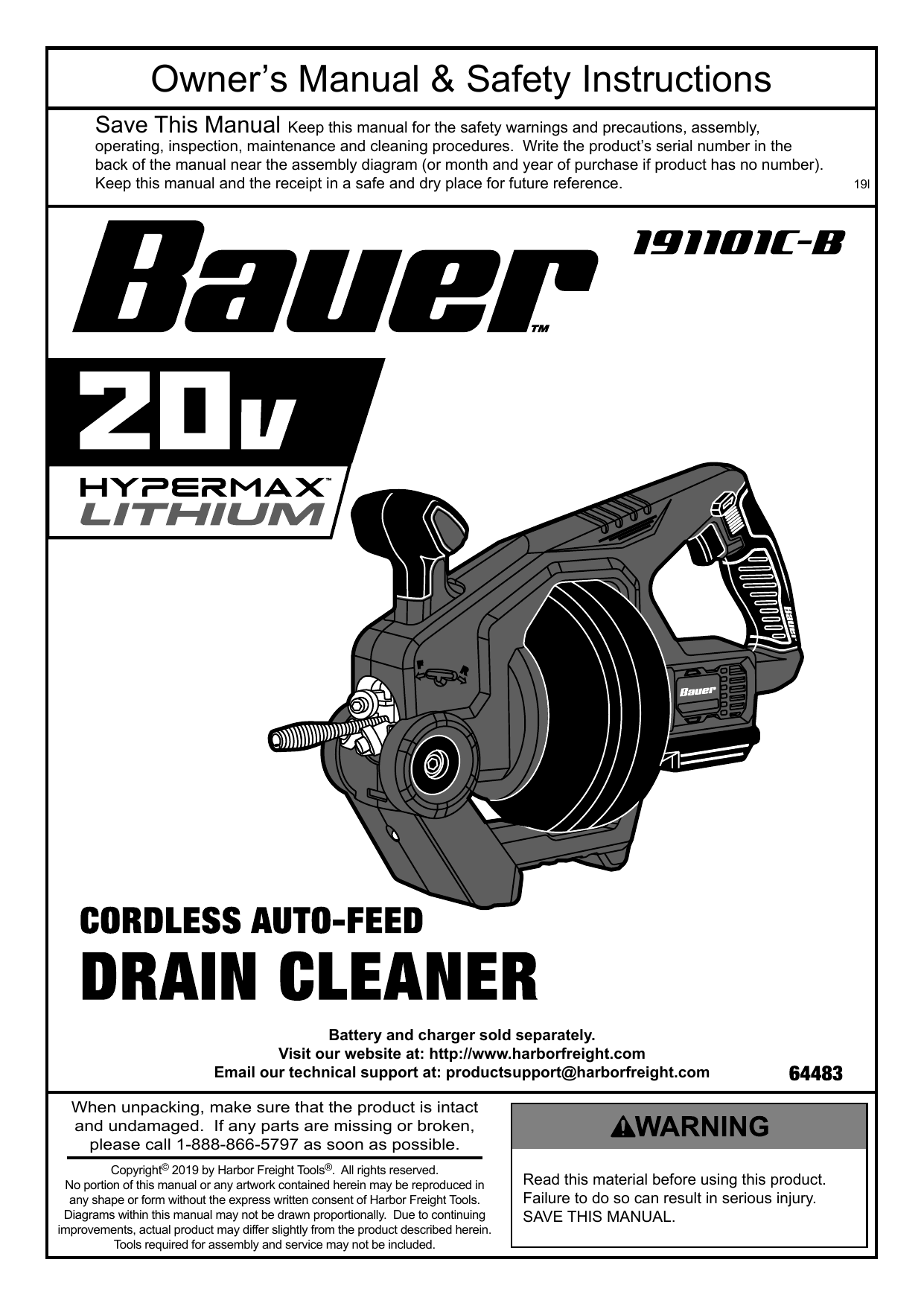 Bauer 64483 20V Hypermax™ LithiumIon Cordless AutoFeed Drain Cleaner
