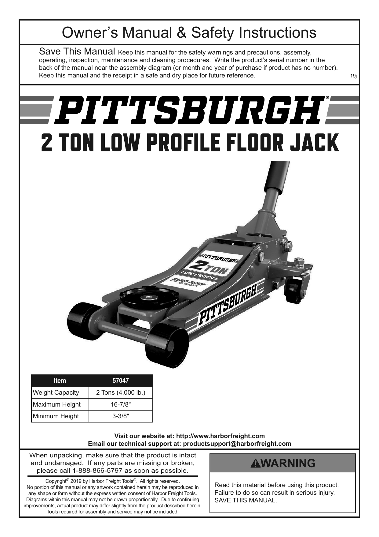 Pittsburgh 57047 2 ton Low Profile Rapid Pump® Floor Jack Owner's Manual |  Manualzz