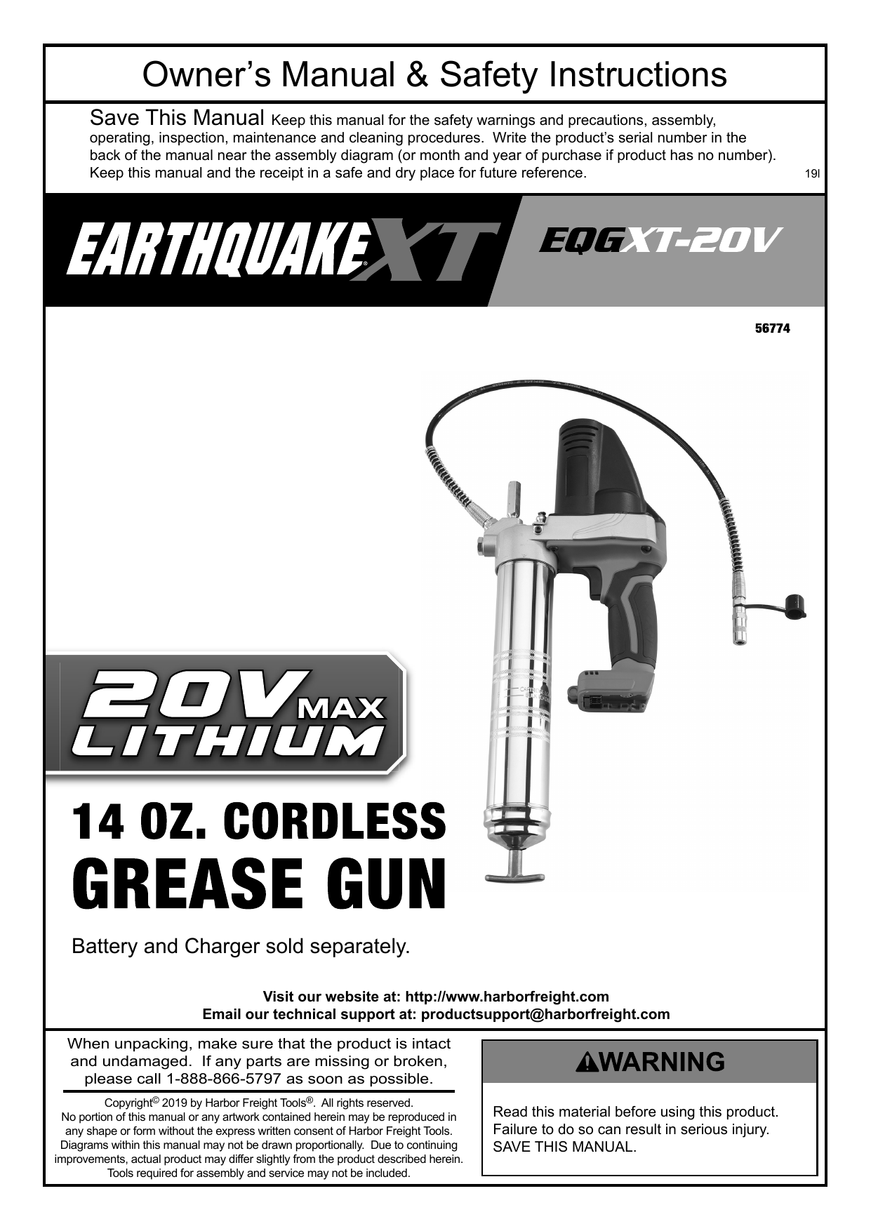 Earthquake XT 56774 20v Max LithiumIon Cordless Grease Gun Tool Only Owner's Manual Manualzz