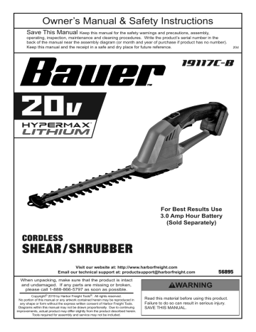Bauer 56895 20v Hypermax™ Lithium-Ion Cordless Shear Shrubber – Tool Only Owner's Manual | Manualzz