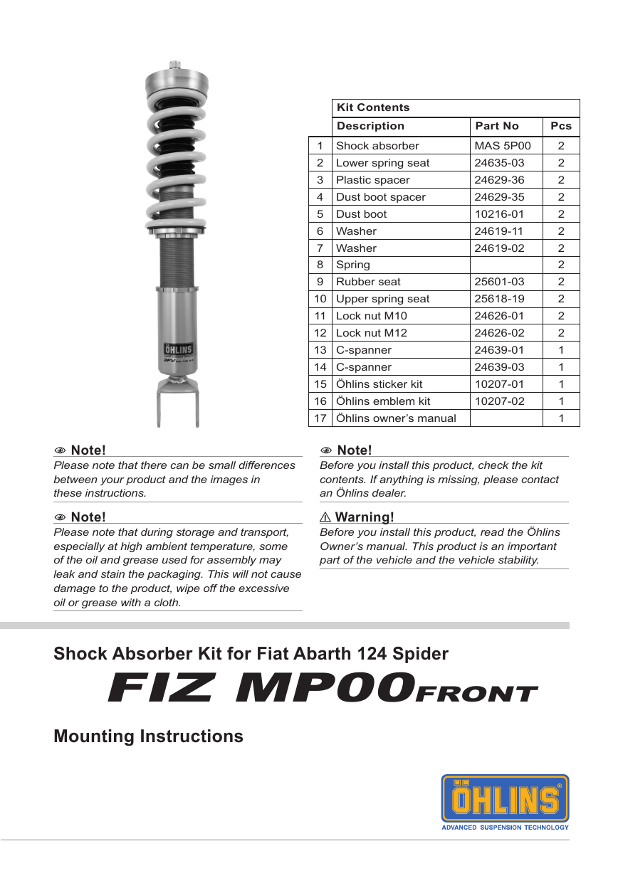 Ohlins Fizmp00 Shock Absorber Kit For Fiat Abarth 124 Spider Mounting Instruction Manualzz